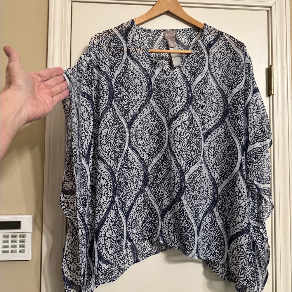 Blue and White Patterned Poncho Top Navy and white